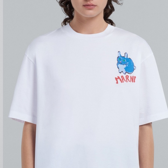 MARNI WHITE BIO COTTON T-SHIRT WITH RABBIT GRAPHICS - Picture 7 of 9